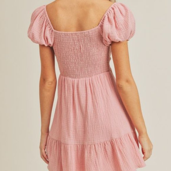New Pink Sweetheart Neckline Tie Front Ruffle Hem Mini Dress - Picture 4 of 4